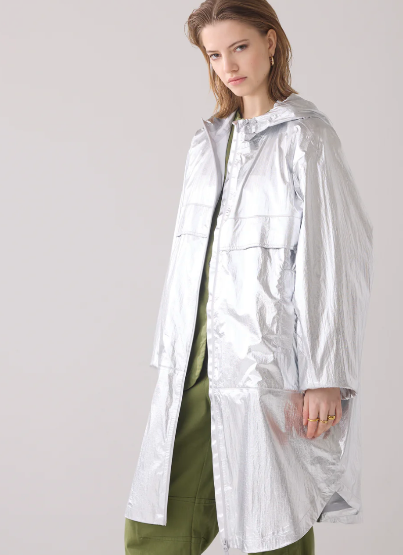 Metallic mackintosh with storage bag