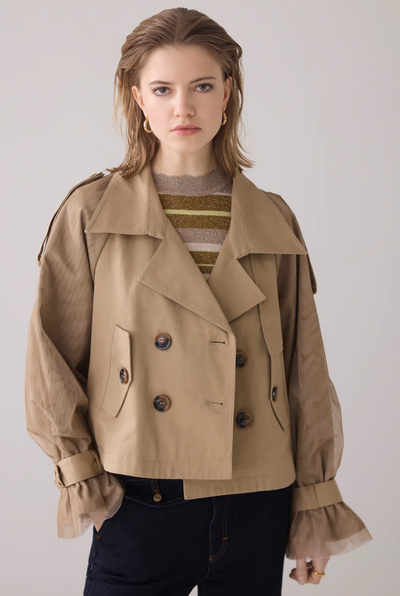 Short trench coat with mesh sleeves