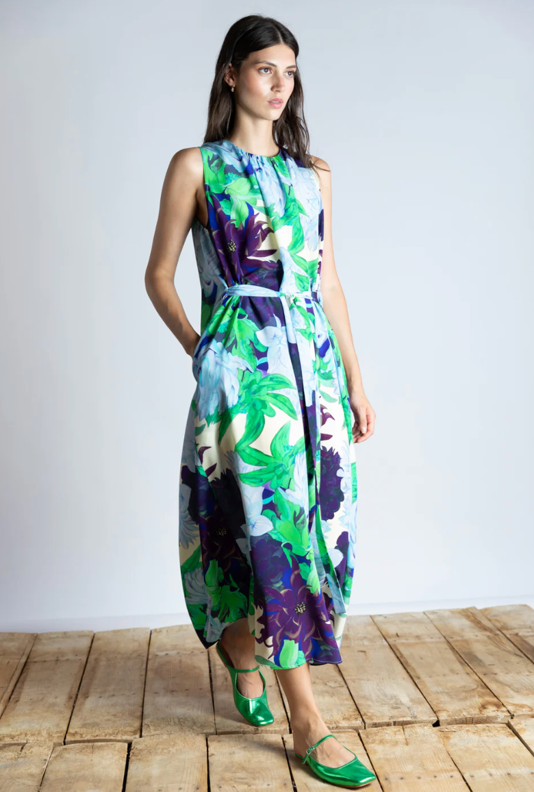 Aqua Floral Silk Dress with Pleats