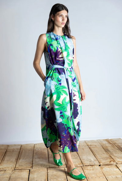 Aqua Floral Silk Dress with Pleats