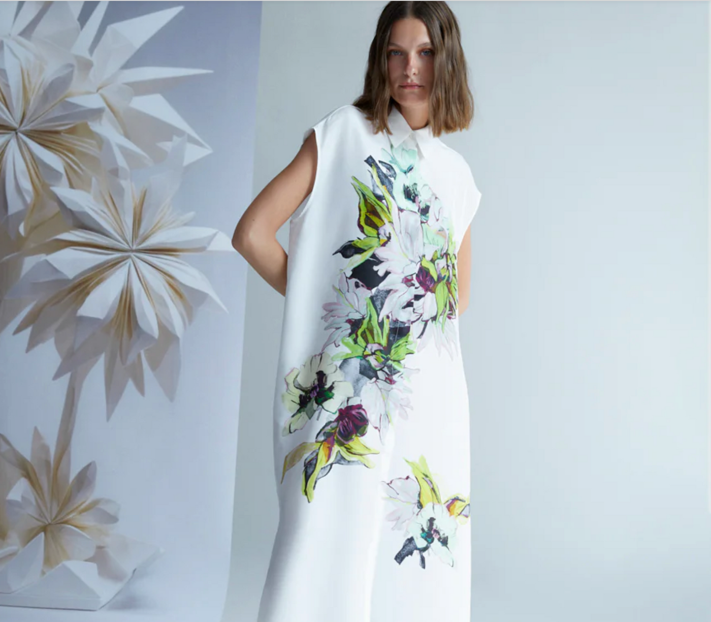 Floral Print Habotai Silk Shirt Dress