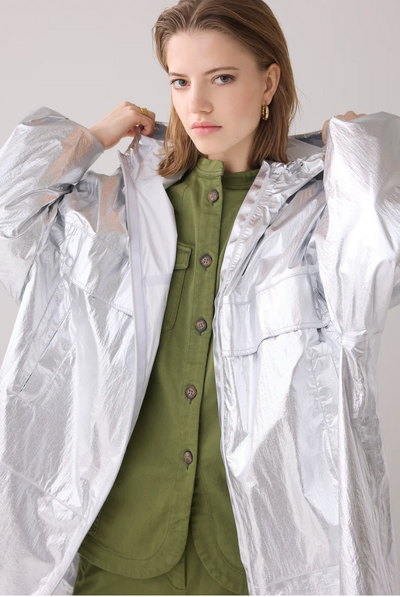 Metallic mackintosh with storage bag