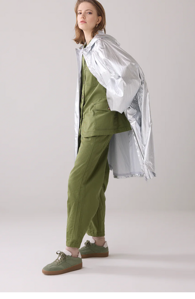 Metallic mackintosh with storage bag