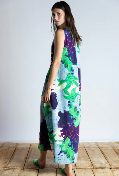 Aqua Floral Silk Dress with Pleats