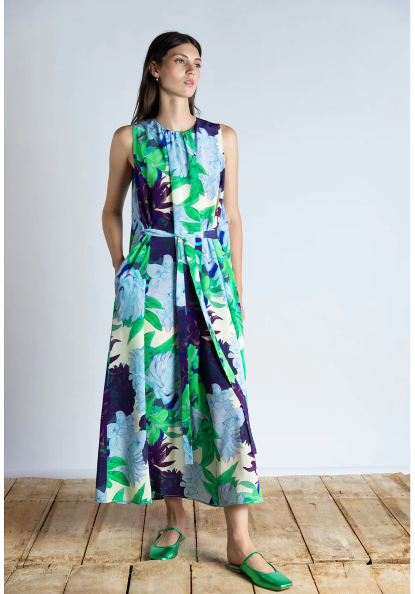 Aqua Floral Silk Dress with Pleats
