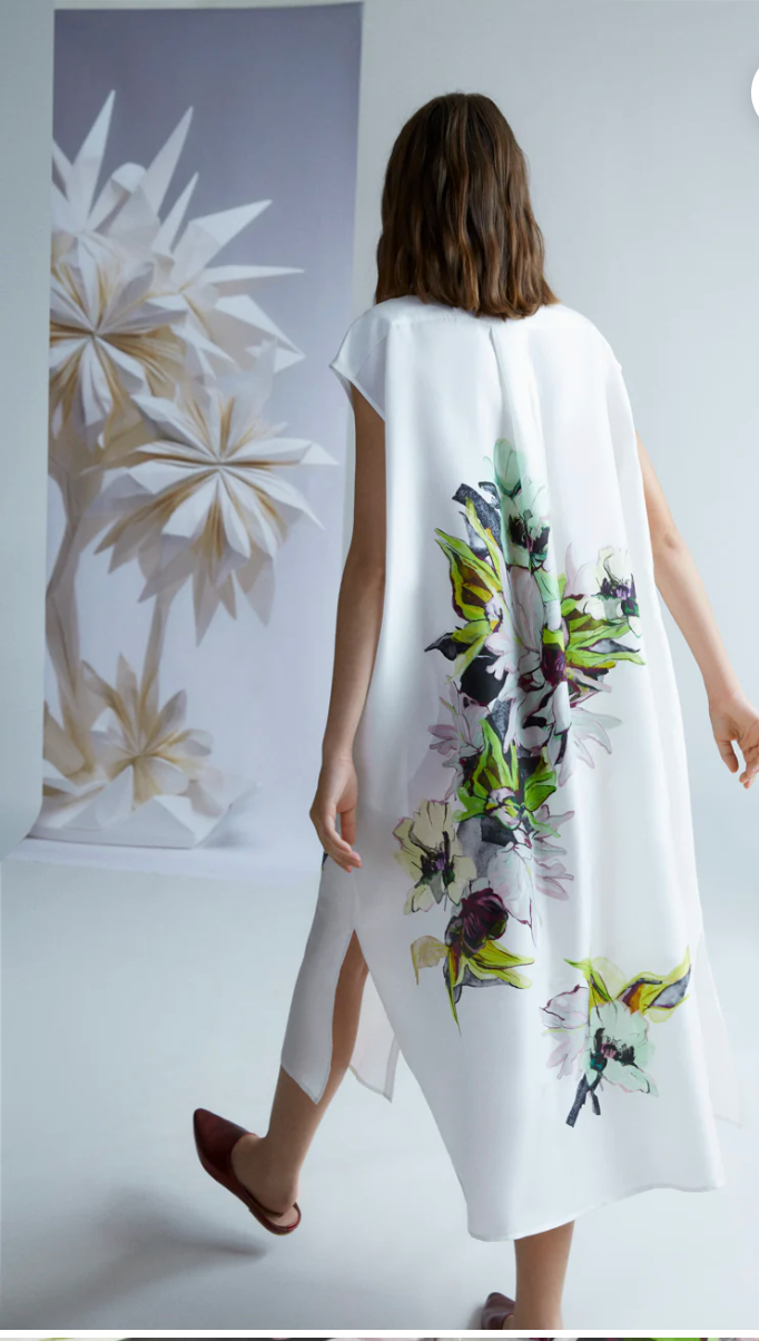 Floral Print Habotai Silk Shirt Dress